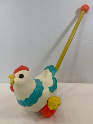 Vintage 1971 Fisher Price Rolling Chicken Push Toy Wood Handle Original No Sound-image
