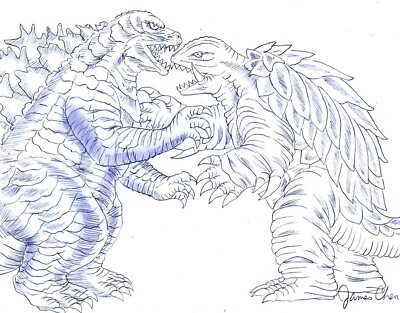GAMERA VERSUS GODZILLA ORIGINAL COMIC ART 1 ON CARD STOCK-image