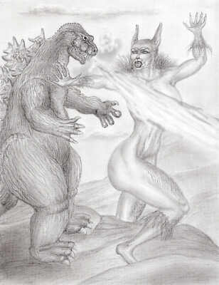 art work original pincil drawing 11 x 7  Godzilla VS The Dog man.-image