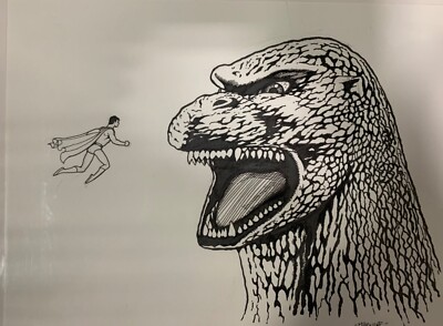 Original KEVIN MAGUIRE SUPERMAN VS GODZILLA 9 x 12” Comic Art Sketch!-image
