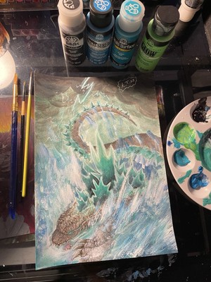 Original Godzilla At Sea Painting 7x10 Inches-image