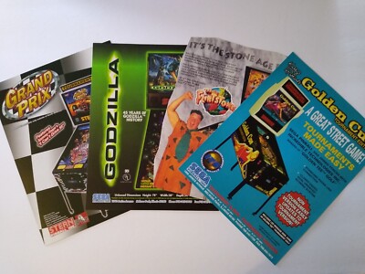 Pinball FLYERS Lot Of 4 Grand Prix Golden Cue The Flintstones Godzilla NOS Art -image