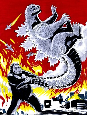 GODZILLA VS KING KONG FINE ART  ORIGINAL COMIC ART COLOR SKETCH ON CARD STOCK-image