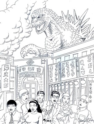 GODZILLA INVADES TOKYO FINE ART  ORIGINAL COMIC ART ON CARD STOCK-image
