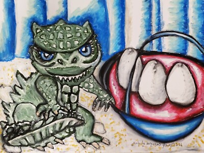 BABY GODZILLA ACEO Monster Art Print 2.5 x 3.5 Signed by Artist KSams Dragon Egg-image