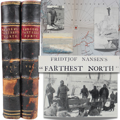 1989 Arctic Polar Exploration North Pole Nansen 2 Vol Leather Map Exploration -image