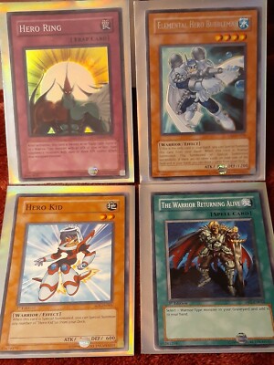 Yugioh Cards:Holo Hero Rising & Kid; Elemental Hero Bubbleman; Warrior Return -image