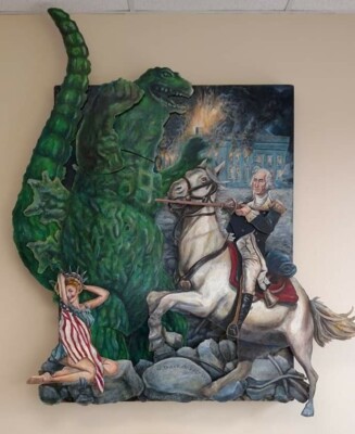 George Washington Vs. Godzilla. Oil On Masonite Assemblage-image