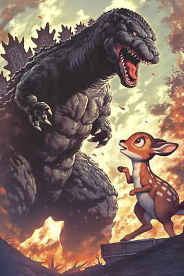 GODZILLA MEETS BAMBI Fine Art Print 13x19 Limited 1/30 Horror Movie Monster-image