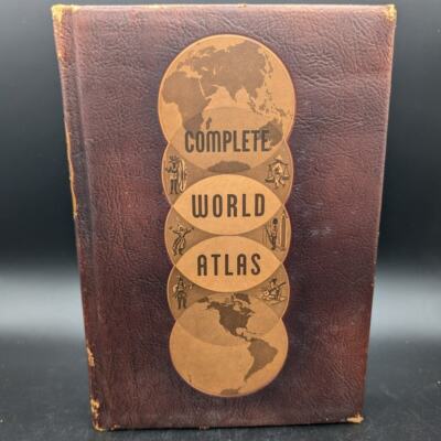 Hammonds Complete World Atlas Book Mission Leather Bound 1961 Maps Brown Globe-image