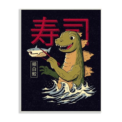 Stupell Godzilla Japanese Text Ocean Waves Shark Sushi  Wood-image