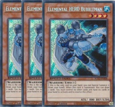 Yugioh - Elemental HERO Bubbleman x 3 - 1st Edition Secret Rare LP - Free Holo-image
