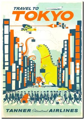 Cool Retro Travel Poster *FRAMED* CANVAS ART ~Tokyo Godzilla Japan 18x12