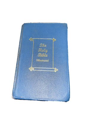 Vintage ILLUSTRATED Holy Bible King James Edition. Blue Leather Bound. FREE post-image