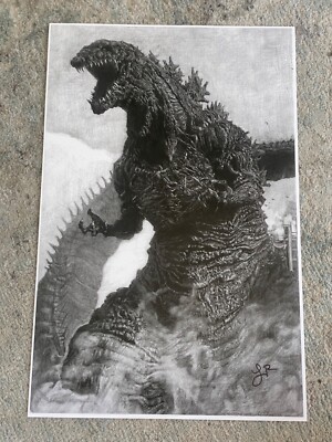 Black and White Godzilla Art Print by Lenny Romero (2017) SIGNED-image