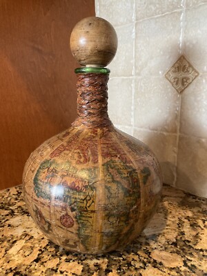 Vintage Italian World Map Leather bound, Green Glass Decanter-image