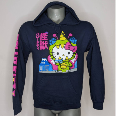 Hello Kitty Hoodie Godzilla Front and Sleeve Print Fleece Interior Navy Small-image