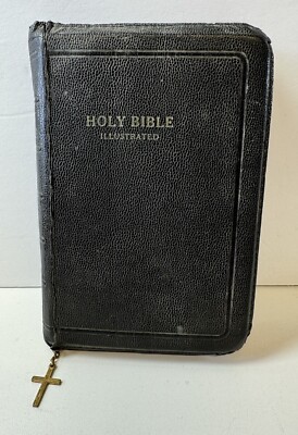 Vintage 1950’s The Holy Bible Illustrated - Leather Zip Up With Cross Pull--image