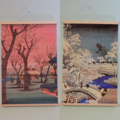 2 Japanese Art Print Wall Hanging Canvas Scroll Cherry Blossoms/Winter Godzilla-image