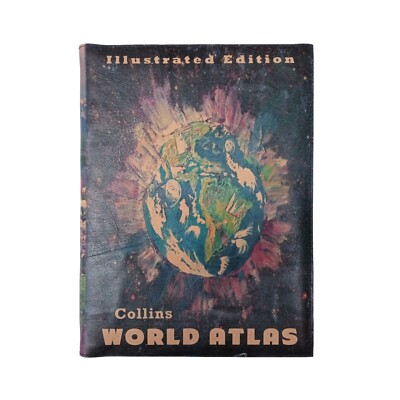 World Atlas Collins Illustrated - Leather Covered, Wood Hardback Coffee Table Bk-image