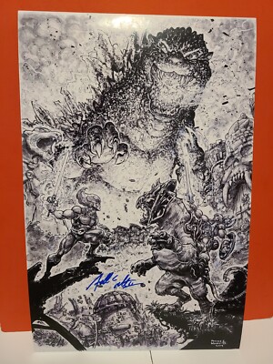 Signed 11”X17” Art Print By Freddie Williams II Godzilla Vs He Man Motu-image