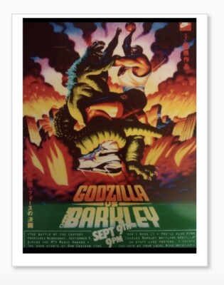 CHARLES BARKLEY💥VS GODZILLA🔥8.5x11 COLOR ART ULTRA GLOSSY 1992 SHOE POSTER!🤩-image