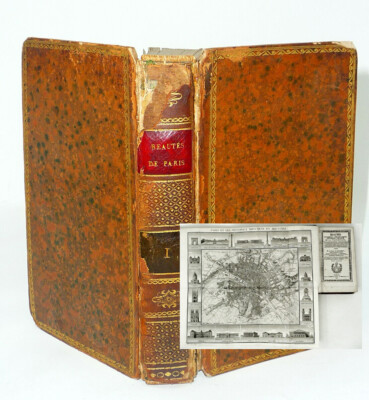 1822 Leather PARIS FRANCE Large Foldout MAP Illustrated HISTORY COSTUME French-image