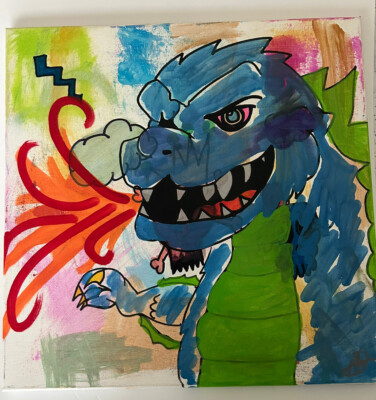 Original Graffiti/Pop Art Painting,By NST,Signed,Godzilla,W/COA,Tabsch,Rare-image