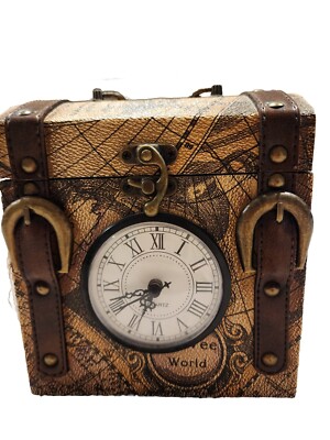 Vintage Rustic Colonial Style Leather bound Wood World Map Clock Box-image