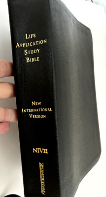 Unused 2005 ZONDERVON Black Leather LIFE APPLICATION STUDY BIBLE BOOK Map Ribbon-image