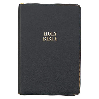 KJV Large Print Thinline Zippered Bible, Faux Leather Red Letter w/Ribbon, Black-image