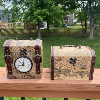 2 Matching Vintage Rustic Colonial Style Leather bound Wood World Map Clock Box-image