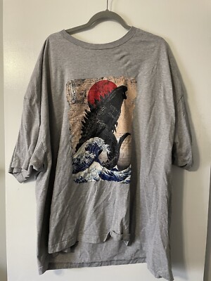Godzilla The Great Wave Japanese Grey Tshirt Hanes Beefy 4xl Anime Graphic Tee-image