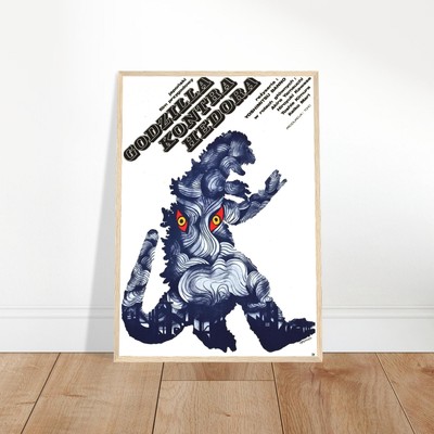 Vintage Godzilla Movie Polish Framed Poster Art - Blue Monster Design-image