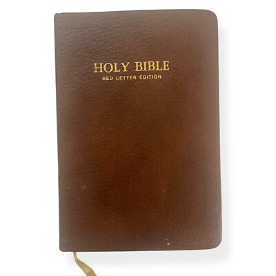 Vintage 1950’s Genuine Leather Brown King James Version Red Letter Bible World-image