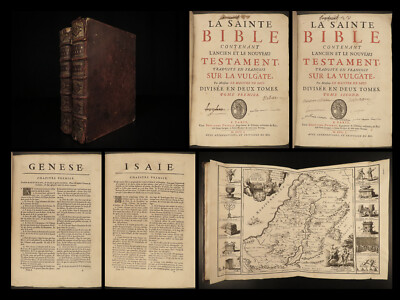 1701 RARE French Holy Bible Biblia Sacra Vulgate de SACY 2v Jerusalem Israel MAP-image