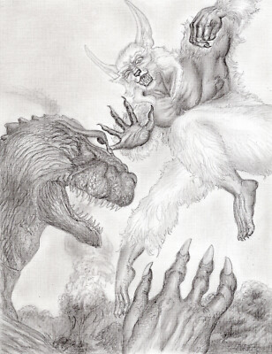 art work original pincil drawing 11 x 7  Godzilla VS The Wolfman-image