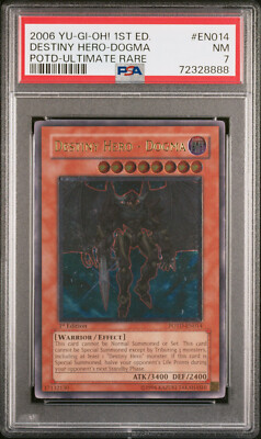 YUGIOH 1ST ED POTD-EN014 DESTINY HERO-DOGMA ULTIMATE RARE PSA 7 NM #72328888-image