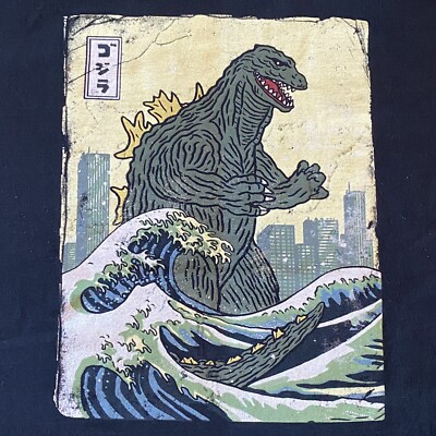 GODZILLA Great Wave Licensed Monster Movie T-Shirt. LARGE (NV) Pre-owned-image