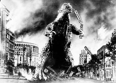 VINTAGE Movie Godzilla train wreck *FRAMED* CANVAS ART  24x16