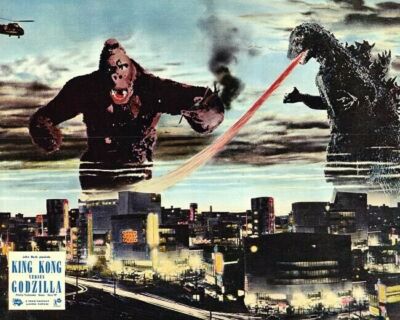 King Kong vs Godzilla 1962 artwork above Tokyo battling each other 8x10 photo-image